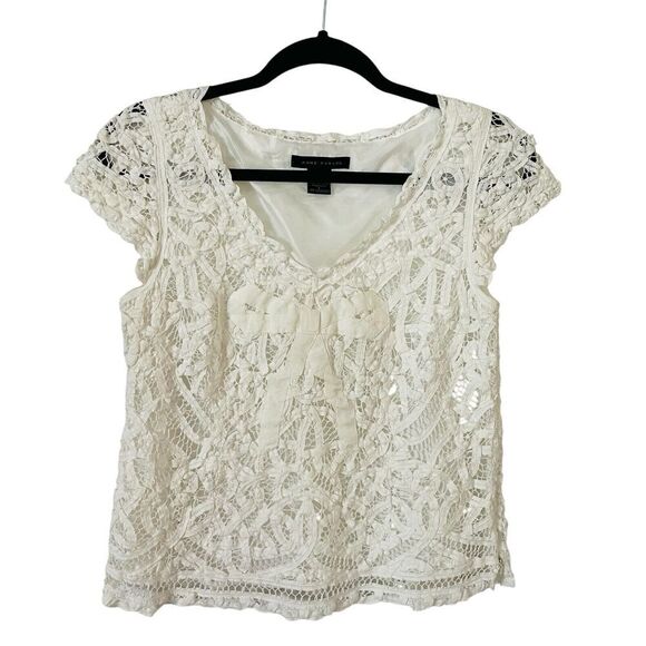 Anne Carson Tops - Anne Carson Linen Blend‎ Blouse Top Womens 6 White Battenburg Lace Cap Sleeve